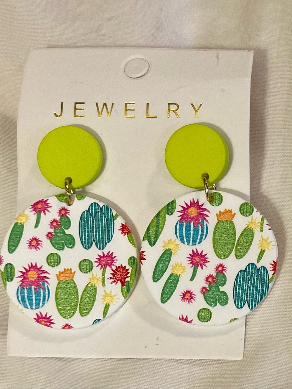 Neon Green Cactus Floral Dangle Earrings Lightweight Statement Earrings
